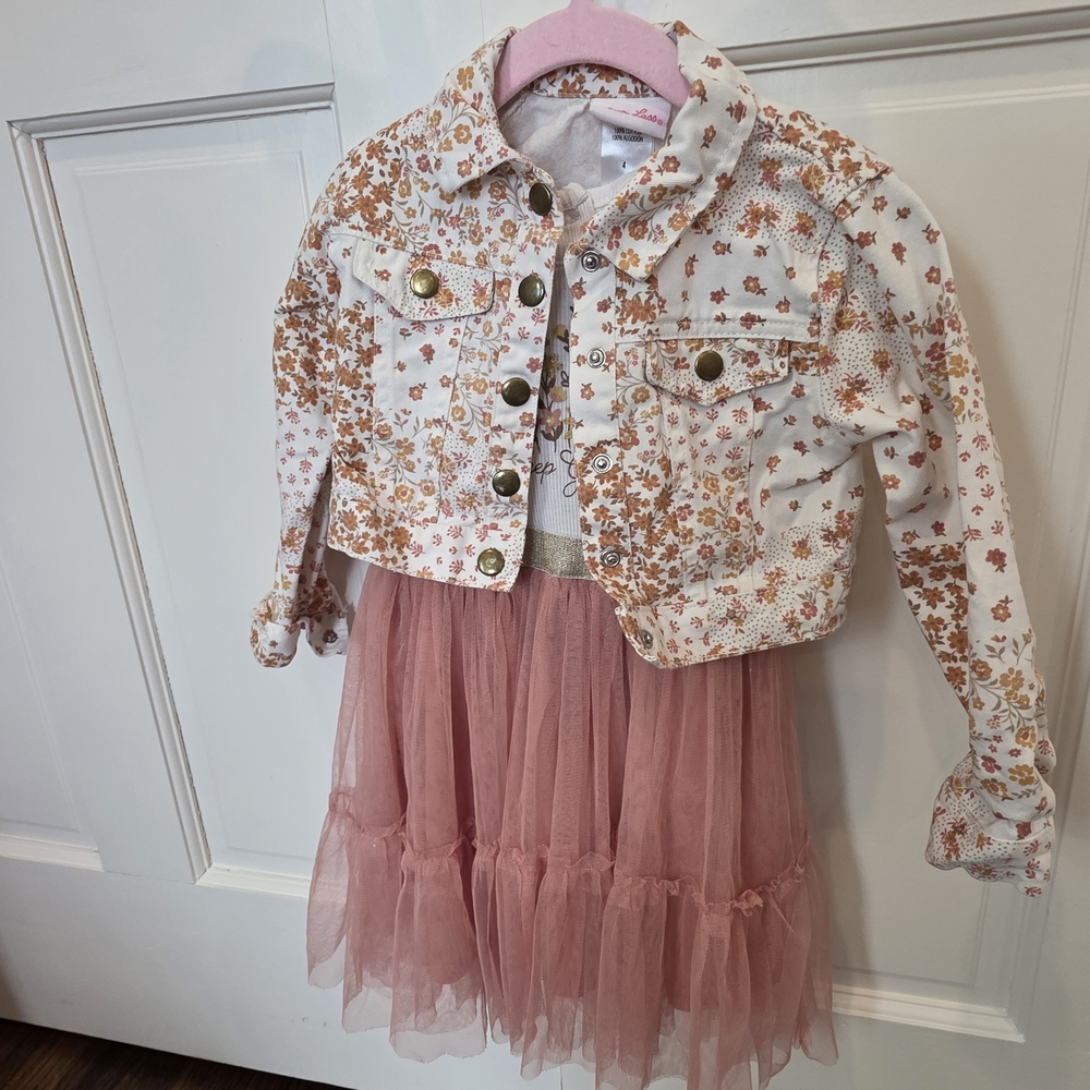 Little Lass Floral Kids Jacket with Pink Tulle Dress - Size 4T